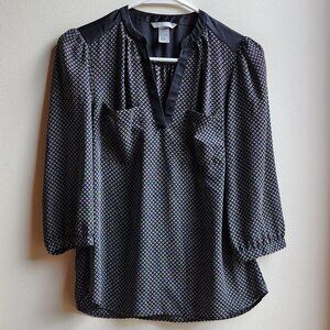 H&M Black/White Dotted Print Three Quarter Sleeve V-Neck Blouse Size 8